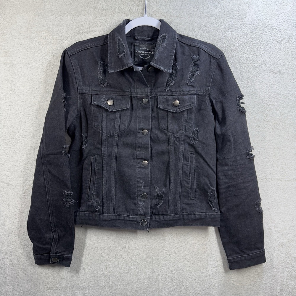 American Bazi Jean Jacket Women's S Grunge Trashed Urban‎ Edge Punk Festival